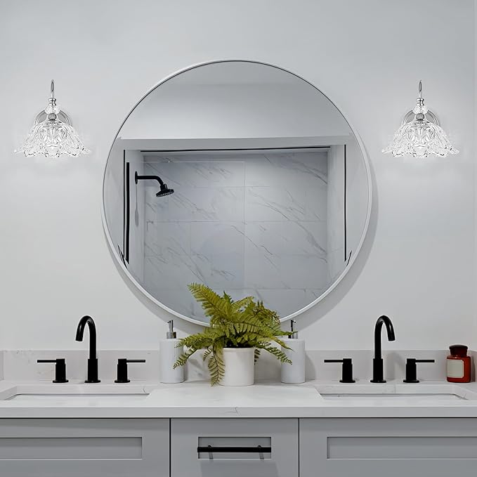 1 Piece Chrome Wall Sconce with Floral Clear Glass Shade, Modern Wall Mount Lighting for Bathroom,Modern Bathroom Vanity Light Fixture