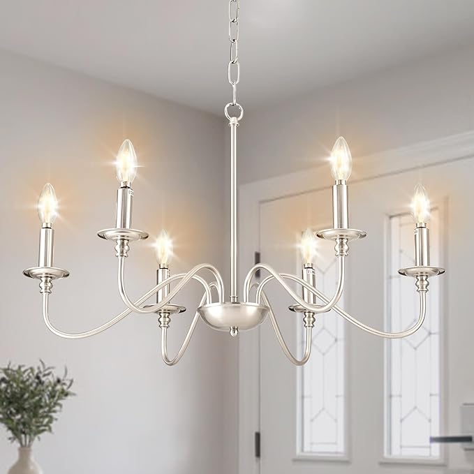 Depuley Modern Chandelier for Dining Room: 6-Light Brushed Nickel Farmhouse Hanging Ceiling Pendant Light Fixture for Kitchen Island - Industrial Vintage Candle Chandeliers for Living Room
