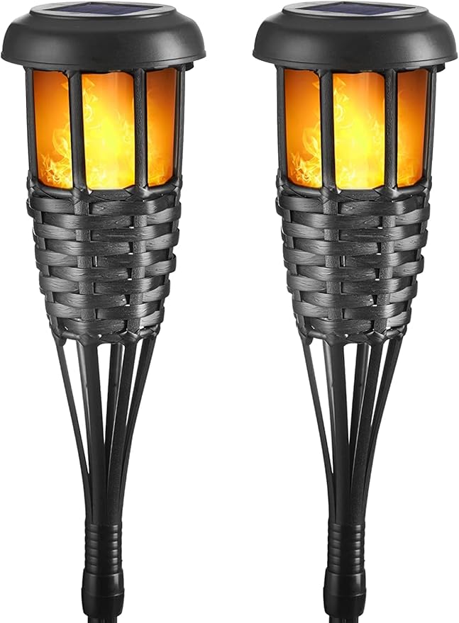 Flickering Flames Torch Solar Lights Handmade Bamboo Outside Flame Lighting Waterproof for Path, Garden, Outdoor Decoration