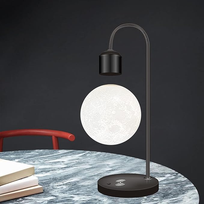 Unique Modern Levitating Lamp with Floating Light and Built-in Qi Wireless Charger, Simplistic and Innovative Design, Warm Decorative Night Light (Black Moon)
