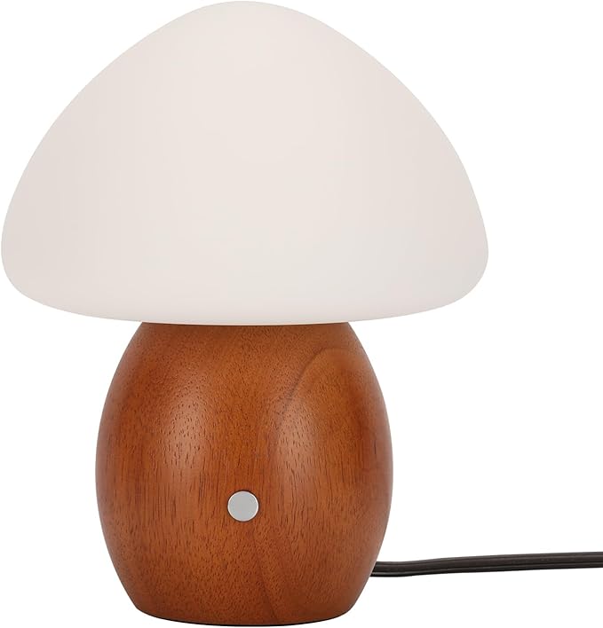 Mushroom Lamp with Touch Control Switch, Small Wooden Table Lamp with Glass Shade, 3 Way Dimmable Nightstand Lamp for Bedroom, G9 LED Bulb Included (Brown Color&Opal White Glass Shade)