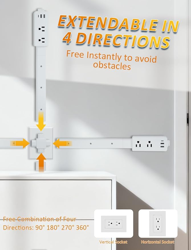 Electrical Outlet Extender Stick with 2 USB-A&USB C&2 AC Outlets,Free Combination Power Socket Outlet Expander to 6", 15.3", 24.5", 34" for Hard-to-Reach Spaces Behind Couches,Nightstands,Cabinet