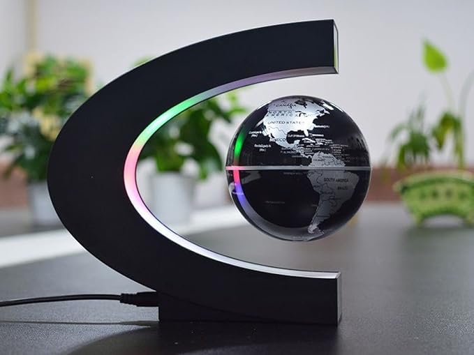 Floating Globe with LED Lights C Shape Magnetic Levitation Floating Globe World Map for Desk Decoration (Black)
