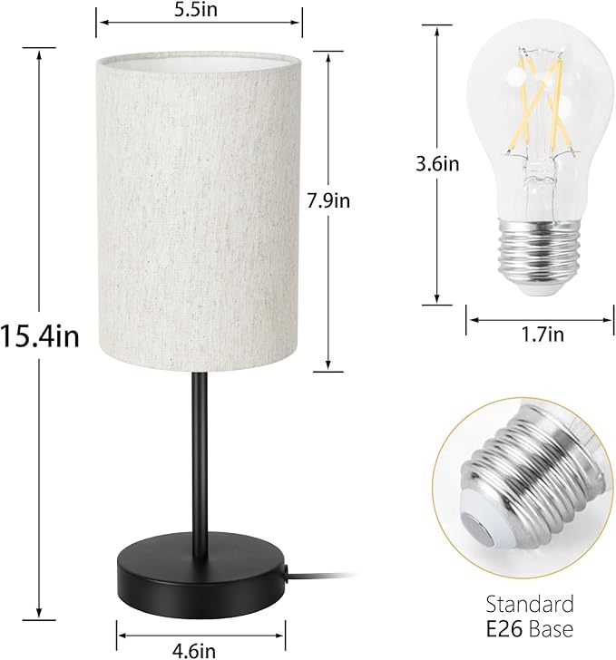 2 Pack Small Table Lamps for Bedroom, Bedside Lamps for Nightstand with Wire Switch, Minimalist Modern Desk Lamps with Linen Fabric Shade for Kids Room Living Room Office Dorm, Bulb Included