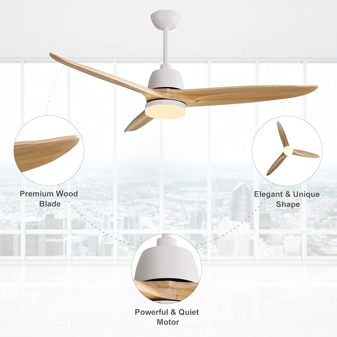 56”Ceiling Fans with Lights Remote Control, Dimmable LED and Reversible DC Motor,Wood Ceiling Fan Perfect for Outdoor Indoor,Wood Blades, Matte White Body