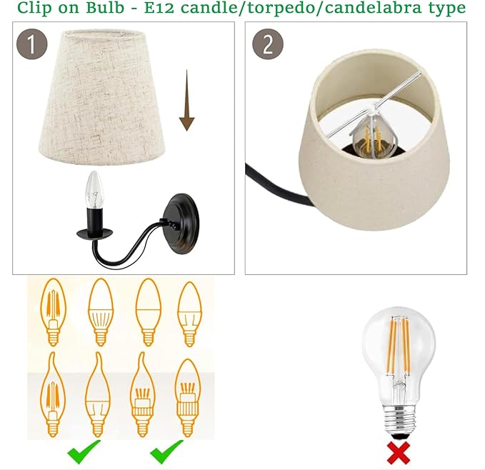 3" Top x 6" Bottom x 5" High Chandelier Shades, White 3.0x6.0x5.0 Inches Linen Fabric Lampshades, Perfect Covers for 6 Light Pendant Light or Wall Sconce, Clip On Bulb, E12 Socket(Small Size, 6 Pack)