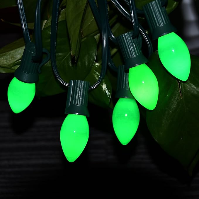 SUNSGNE 25 Pack Green Ceramic Christmas Light Bulbs St. Patrick's Light Bulbs for C7 Christmas St. Patrick's Day Decor, E12 Candelabra Base, 0.6W