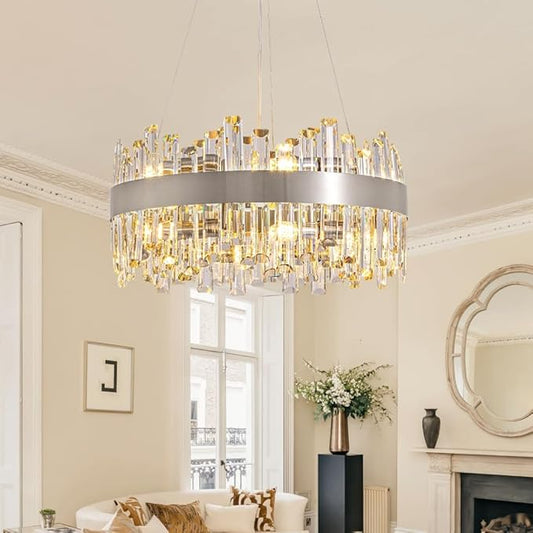 Siljoy Modern Crystal Chandelier, 12-Lights Contemporary 2-Tiers K9 Crystal Raindrop Chandelier Flush Mount Crystal Pendant Ceiling Light Fixture for Dining Living Room Kitchen Island D19.7''