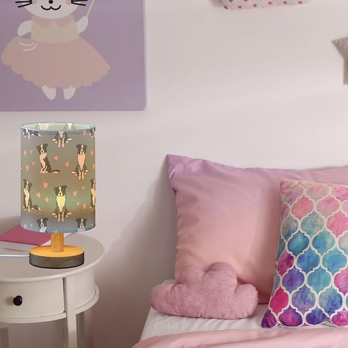 Cute Hand Draw Border Collie and Pink Hearts Bedside Table Lamps with USB Port for Bedroom Lamp Accent Table Lamp Small Nightstand Lamp Linen Shade Decorative Lamps for Kids|Reading|Dome|Home