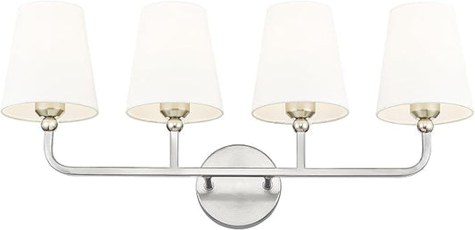 Bathroom Light Fixtures, 4 Light Vanity Lights with Flared White Fabric Shade, 28 Inch Brushed Nickel Wall Sconce, Modern Sconces Wall Lighting for Hallway Bedroom, VL837-BN-4
