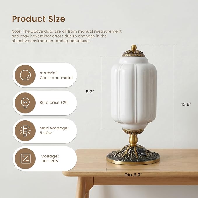 Milk Glass Touch Table Lamp, 3 Way Dimmable Glass Lamp USB C+A Charging Ports, Modern Large Beside Lamps for Bedroom, Living Room, Desk LED Bulb Inculded (White)