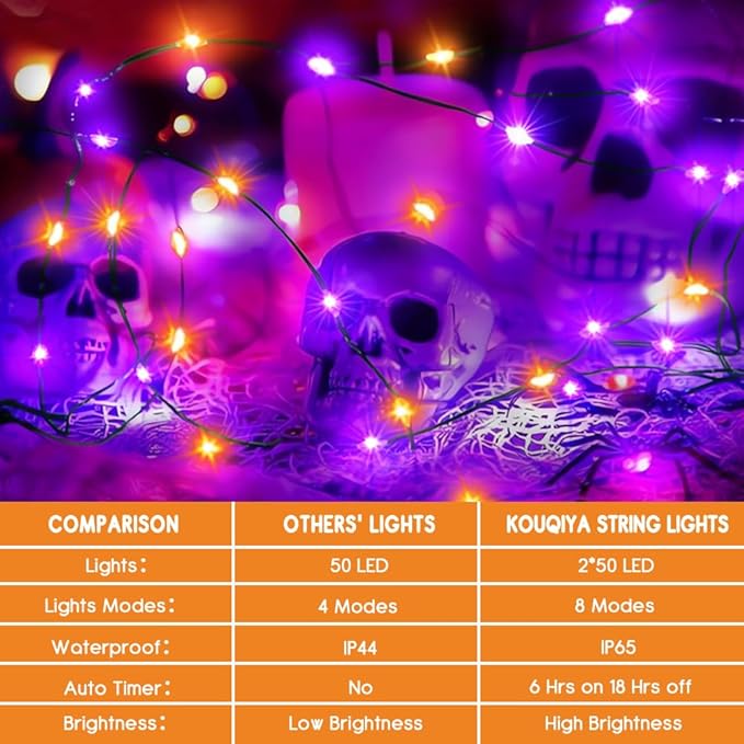 KOUQIYA Halloween Fairy Lights 2 Pack, 16.4ft 50 LEDs Battery Starry Light with Timer 8 Modes Waterproof Mini Lights for Outdoor Indoor Garden Party Decor (Orange Purple, 50 LEDs x 2 Pack)