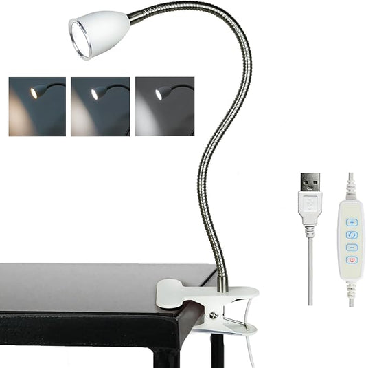 Desk lamp Eye-Caring Table Lamps, 360°Rotation Gooseneck Clip on Lamp Reading Light, Portable Reading Book Light, Clamp Light, Study Desk Lamps for Bedroom and Office Home Lighting (White with Dimme)
