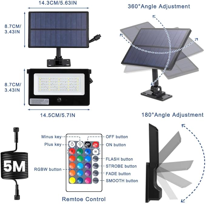 Solar Color Changing Flood Lights Outdoor, 16.4FT Cable 16 Million RGB Solar Powered Party Lights Waterproof with Remote Control for Outside BBQ Bars Stage Shed Courtyard Garden(Multicolor)