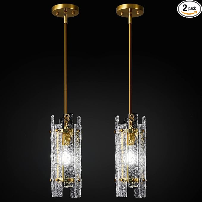 Gold Crystal Pendant Lighting Modern Mini Glass Chandeliers, Adjustable Pendant Light Fixture for Bedroom Dining Room Living Room Kitchen Island Corridor(2 Pack)