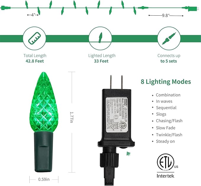 WATERGLIDE C6 Christmas Lights, 33ft 100 LED Faceted String Lights Green Wire Fairy Lights with Safe Adaptor, 8 Lighting Mode, Waterproof for Indoor Outdoor Patio Xmas Tree Party Decor, Red & Green