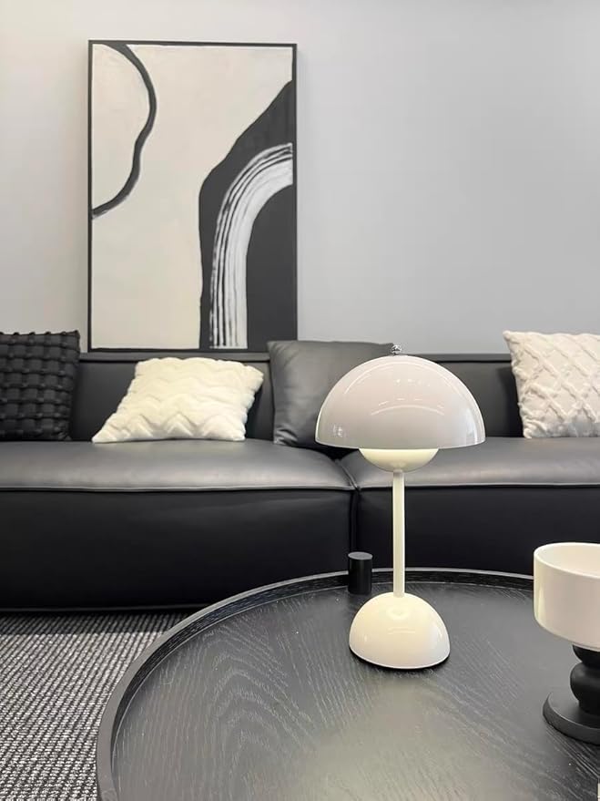 Modern Flower Bud Lamp 12" Cordless Touch Lamp Dimmable 2600mAh Rechargeable Desk Lamp Nordic Minimalist Mushroom Lamp Nightstand Bedside Lamp for Bedroom Living Room(Gloss White) No Reading Light