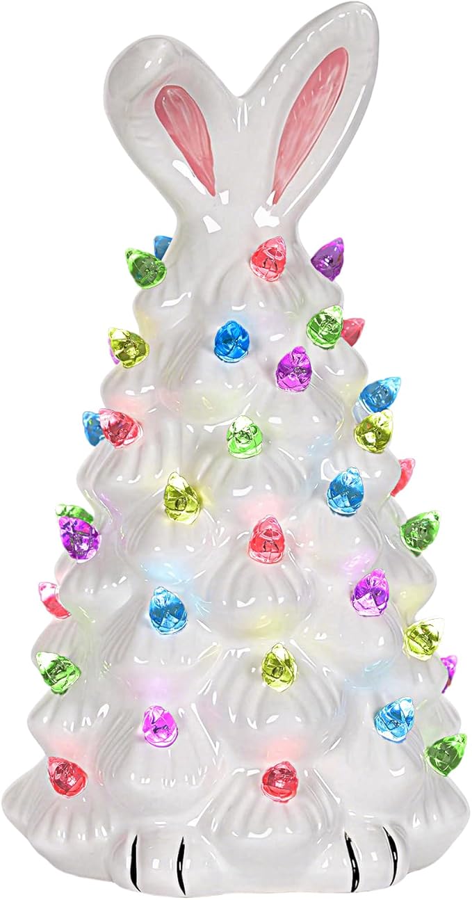Cute Ceramic Easter Tree Bunny Decor, Light up Easter Bunny Decor Spring Decorations for Indoor Bedroom Office Decor Tabletop for Kid Gifts (White)
