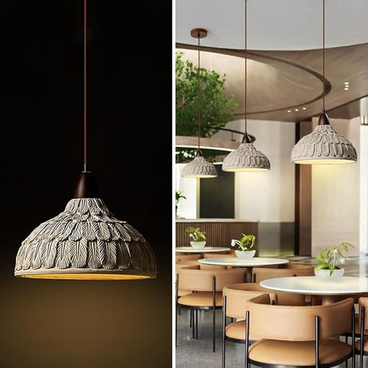 Wabi Sabi Pendant Light, 11" Retro Japanese Style Concrete Pendant Light with Feather Textured Lampshade, Cement Pendant Light Fixtures Ider for Bedroom Living Room Kitchen Island (No Bulb)