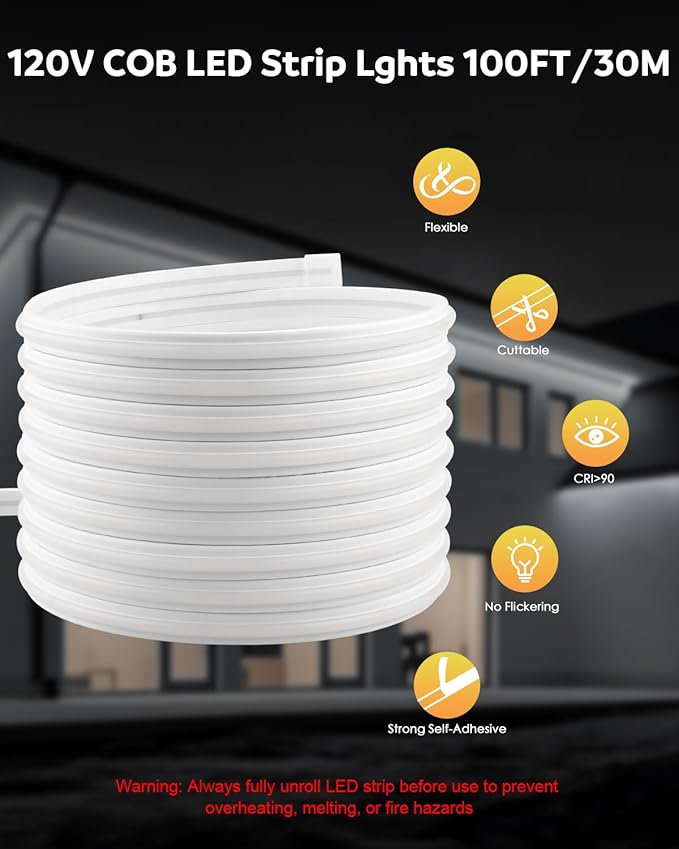 Aclorol AC 110V 120V COB LED Strip Lights Outdoor Waterproof 100FT IP68 LED Rope Lights with Switch Control Uniform High Density Flexible Tape Lights for Outside 6000K 8640 LEDs