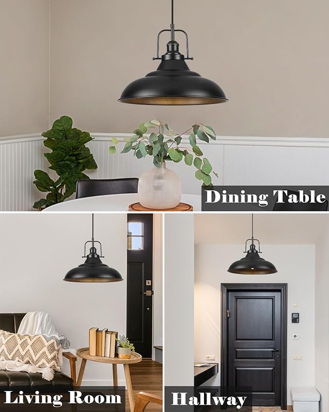 Black Pendant Light Kitchen Island,16 Inch Large Industrial Pendant Lights, Matte Black Pendant Lights, Vintage Farmhouse Pendant Light for Kitchen Island, Dining Room, Hallway (2 Pack)