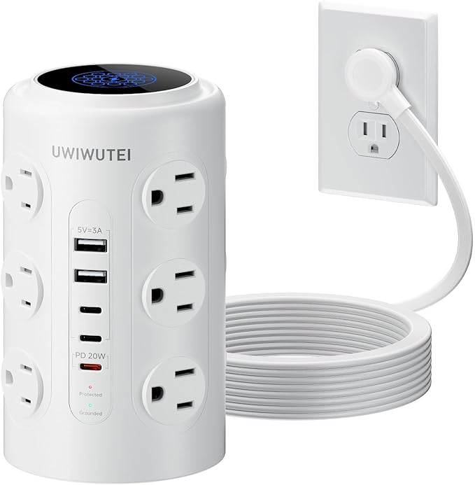 Tower Power Strip with 1 Dedicated PD 20W Fast-Charging Port, 12 Outlets, 5 USB Ports (3 USB-C), 1800J Protector, Desk Charging Station for Multiple Devices,15FT Extension Cord, Home Office Essentials