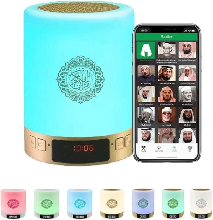 Quran Speaker,Bluetooth Speaker Night Lights,Bedside Lamp,Alarm Clock,with Remote & APP Contro,Multi-Color Changing,Full Recitations of Famous Imams and Quran Translation (SQ122)