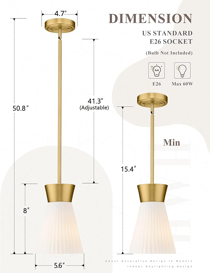2 Packs Modern Pendant Light Fixtures, HWH Kitchen Island Lighting for Living Rooms, Dining Room, Hanging Light with Milk White Striped Glass, Gold Finish, 5HZG107MIL-2PK BG
