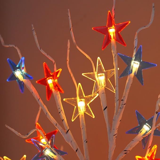 24 LED Tabletop Tree Light Artificial Tree Lamp for 4th of July Independence Day Room Bedroom Office Decor,Mini White Birch Tree Fake Twinkle Trees Lamp with a Timer 3 AA Battery or USB Powered