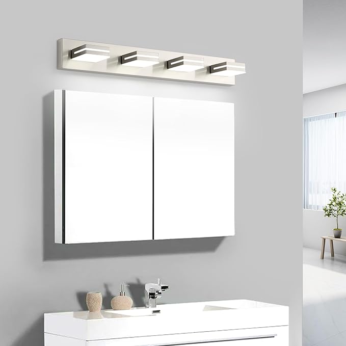 OKELI 4 Lights Bathroom Vanity Light Fixtures Brushed Nickel LED Dimmable Vanity Light Over Mirror Modern Wall Mounted Lighting Fixture, 350° Rotatable Lamp Head 32W Cold White 6000K ETL Listed