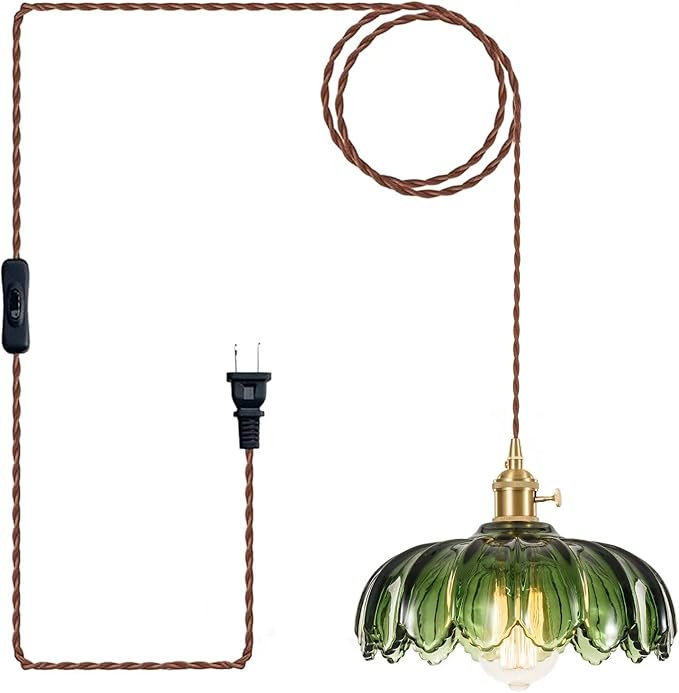 Plug in Pendant Light Fixtures: Hanging Light Plug in Green Glass Hanging Lamp, Pendant Lighting for Kitchen Island, Bedroom, Dining Room, Living Room, E26 No Bulb