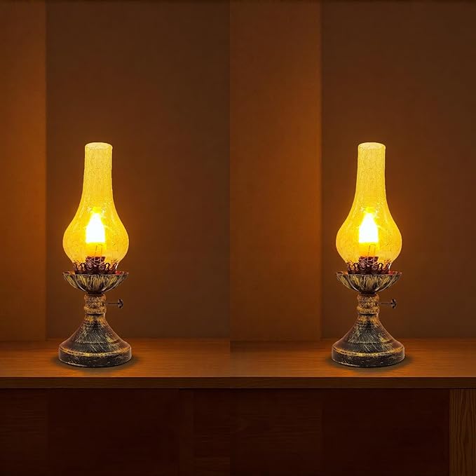 Vintage Table Lamp - 3 Modes Dimmable Retro Rustic Desk Lamp with Crackle Glass Shade, Antique Victorian Style, E26 Bulb Included, Ideal for Bedroom, Living Room, Home Decor (Yellow-Gold)