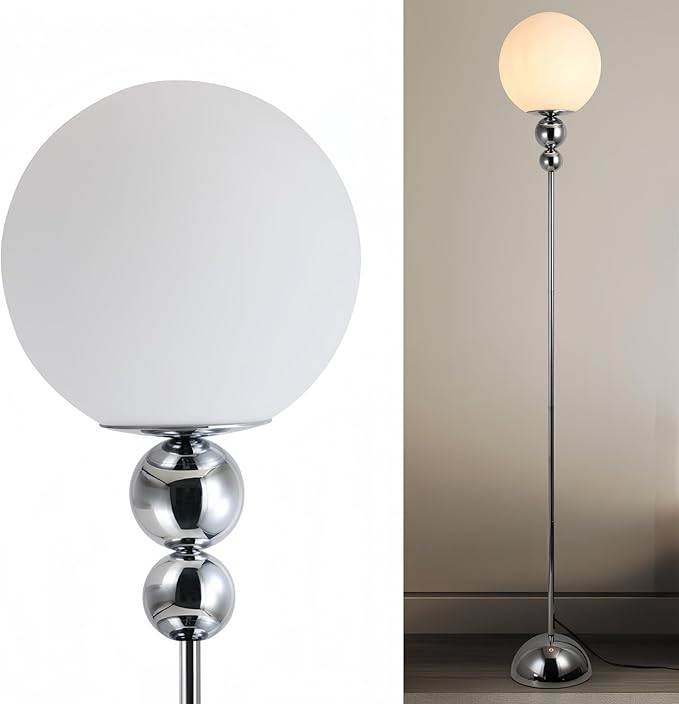 Modern Floor Lamps for Living Room, Globe Glass Shade Floor lamp for Bedroom, Standing lamp for Office, Corner(Chrome)