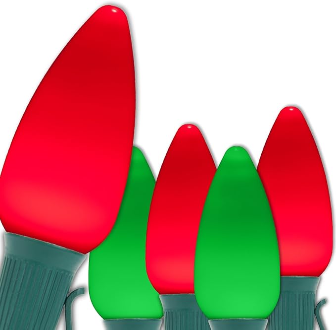 Wintergreen Lighting 50 C9 OptiCore LED Commercial Outdoor Christmas Lights – Heavy Duty Christmas String Lights; Green Wire (50 ft, Red/Green Smooth/Opaque)