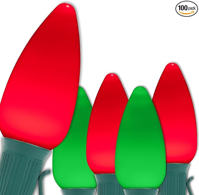 Wintergreen Lighting 100 C9 OptiCore LED Commercial Outdoor Christmas Lights – Heavy Duty Christmas String Lights; Green Wire (100 ft, Red/Green Smooth/Opaque)