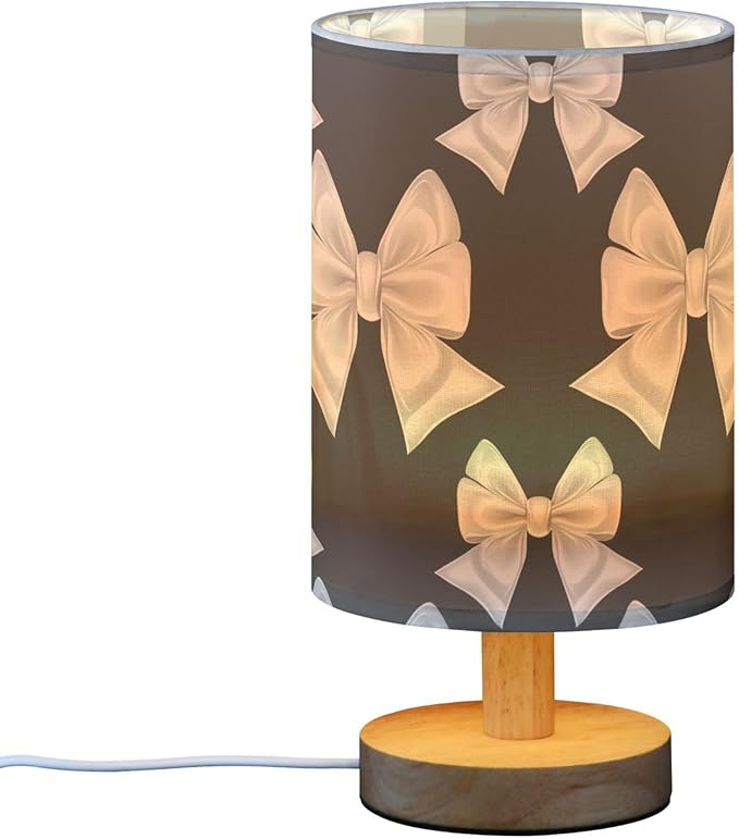 Elegant White Bow Ribbon Pattern on Black Print Table Lamp with Wood Base Fabric Lamp Shade Bedside Nightstand Desk Lamp for Living Room Bedroom Kids Room Office