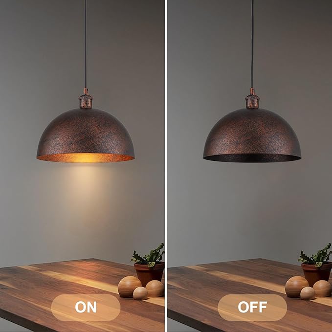 11.8” Industrial Metal Dome Pendant Light, Rust Industrial Pendant Lights for Kitchen Island, Dimmable Hanging Light Fixtures Compatible for Kitchen Island, Dining Room