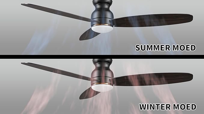 CEME 60 Inches Black Ceiling Fan with Light Flush Mount, DC 10 Speeds Silent Ceiling Fan with Remote, 3 Dual Finish Blades, 3 Light Colors Dimmable LED for Living Room, Bedroom