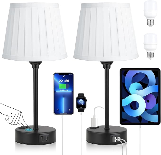 Acaxin White Bedside Lamps for bedrooms Set of 2 - White Pleated Lamp Shade with USB Charging Ports, Touch Lamps for Nighstand, Night Stand Lamp for Dorm/Office/Living Room/Class Room
