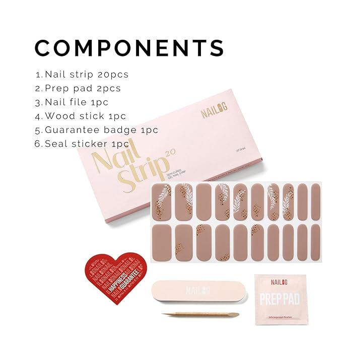 Semi Cured Gel Nail Strips - NAILOG 20 Pcs Brown Leaves Nail Stickers Extra Long Wraps with Glossy Gel Finishing for Autumn Winter, Caramel
