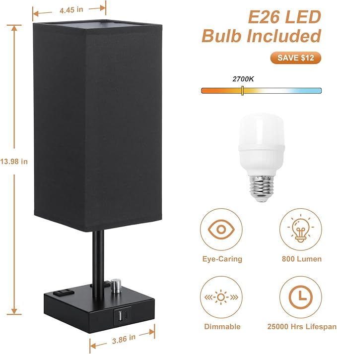 aooshine Black Fully Dimmable Nightstand Lamps Set of 2 - Table Bedside Lamp with USB C+A Charging Ports & 2 AC Outlets, Square Lamp Sets Linen Fabric Shade for Bedroom Living Room(Bulb Included)