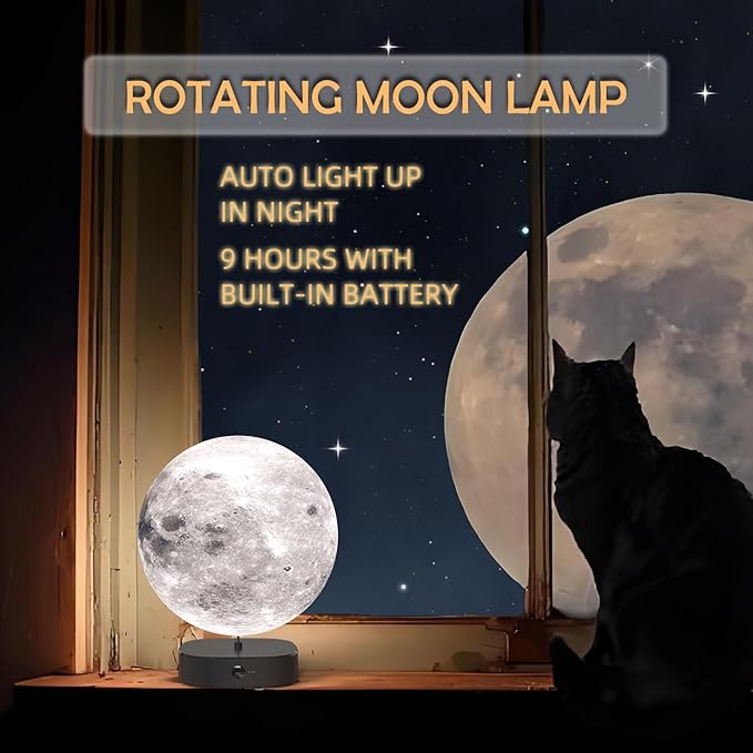 Moon Lamp, 6 inch 3D Printed Floating Moon lamp, auto Light up with self Rotating, Moon Light lamp for Kids (Black Base)
