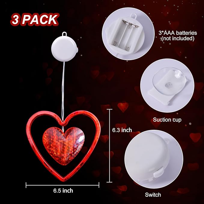 3 Pack Valentines Day Window Lights Decorations with Timer, Battery Powered Hanging Red Lighted Heart Shaped Silhouette Sucker LED Lamp for Fireplace Indoor Home Decor
