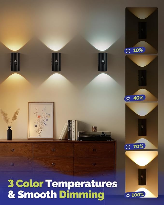 4,000mAh Rechargeable Motion Sensor Wall Lights with Remote, Wireless Adhesive Wall Light, Magnetic Sconce Battery Powered, 3 Colors Cordless Wall Mounted Light Dimmable for Room, 2 Pack