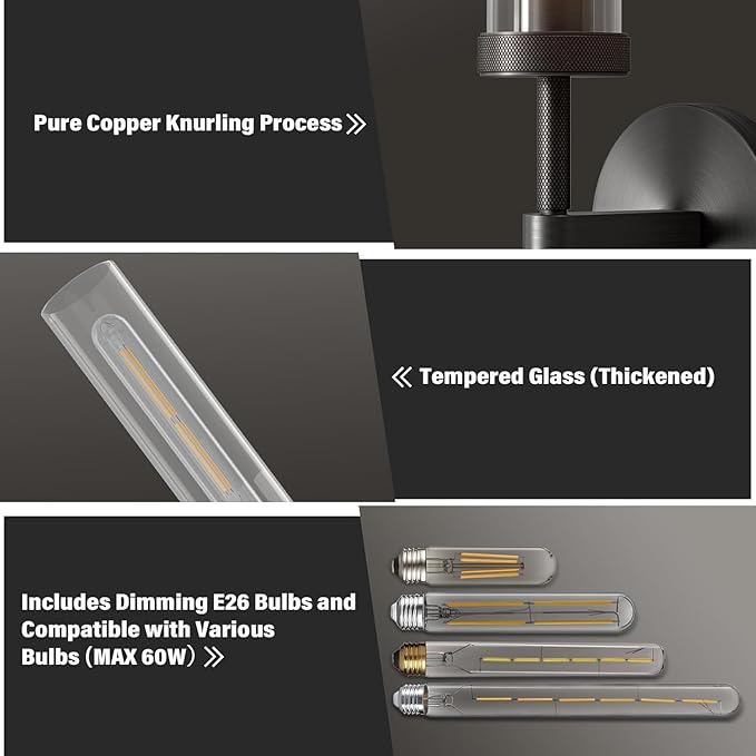 Black Wall Sconces Set of Two, Brass 19.48'' Knurled Texture Wall Light Fixtures, Bathroom Vanity Light Fixtures with Clear Glass, Modern Wall Lamp for Bathroom Living Room Hallway (Bulb Included)