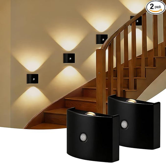 2 Pack Motion Sensor Wall Light, Rechargeable Wall Sconce with 3 Color Temperatures and Brightness Adjustable, Wireless Magnetic Mount for Bedroom, Stair, Hallway, Closet (Black)