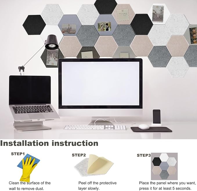 HONORIA 12-Pack Acoustic Panels, Soundproof Wall Panels, Hexagon Self-Adhesive 12"X10"X0.4, High Density Sound Dampening Panels- Silver Grey