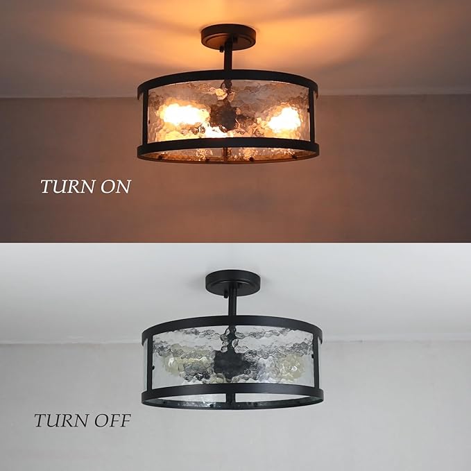 Industrial Black Semi Flush Mount Ceiling Light Harmmered Glass Farmhouse Ceiling Light Fixture 3-Light Ceiling Light for Bedroom Kitchen Bathroom Entryway Proch