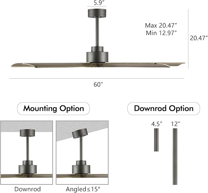 ELEHINSER 60 Inch Modern Ceiling Fan without Light, 5 Solid Wood Blades 6-Speed Noiseless Reversible DC Motor, Ceiling Fan with Remote Control for Bedroom Living Room, Charcoal Finish with Wood Blade