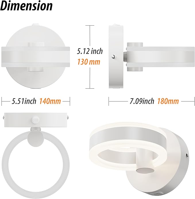 Wall Lamp LED Wall Sconce Rotatable Up-Down Sconces Wall Lighting with Built-in Switch and USB Charging Port 110 Volt AC Hardwired Wall Light (White)